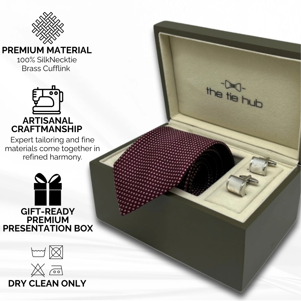 Maroon Silk Necktie and Mother of Pearl Cufflinks Gift Set - a Classic Choice for Men