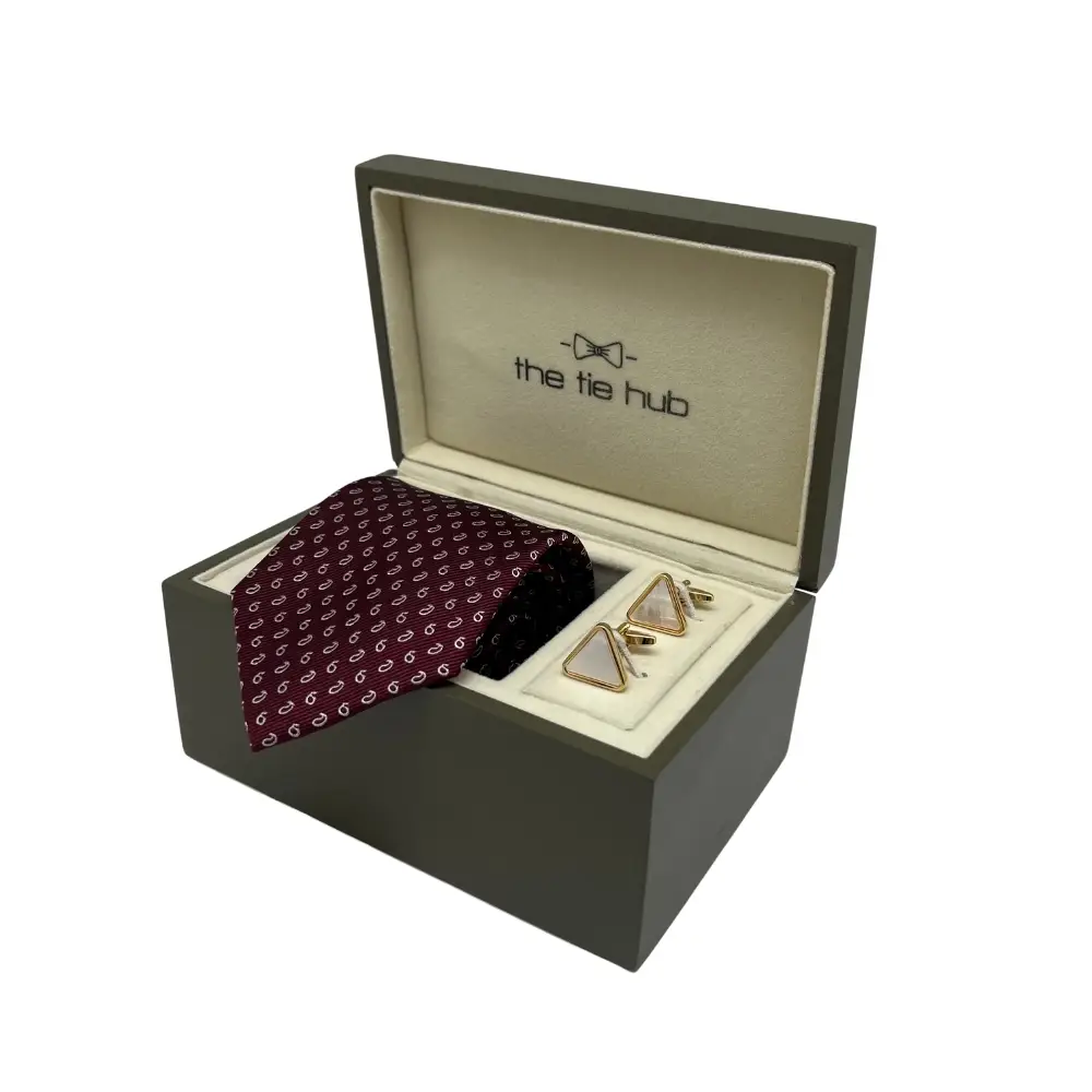 Maroon Printed Silk Necktie and Gold Mother of Pearl Cufflinks Gift Set - Elegant Accessory Collection for Men