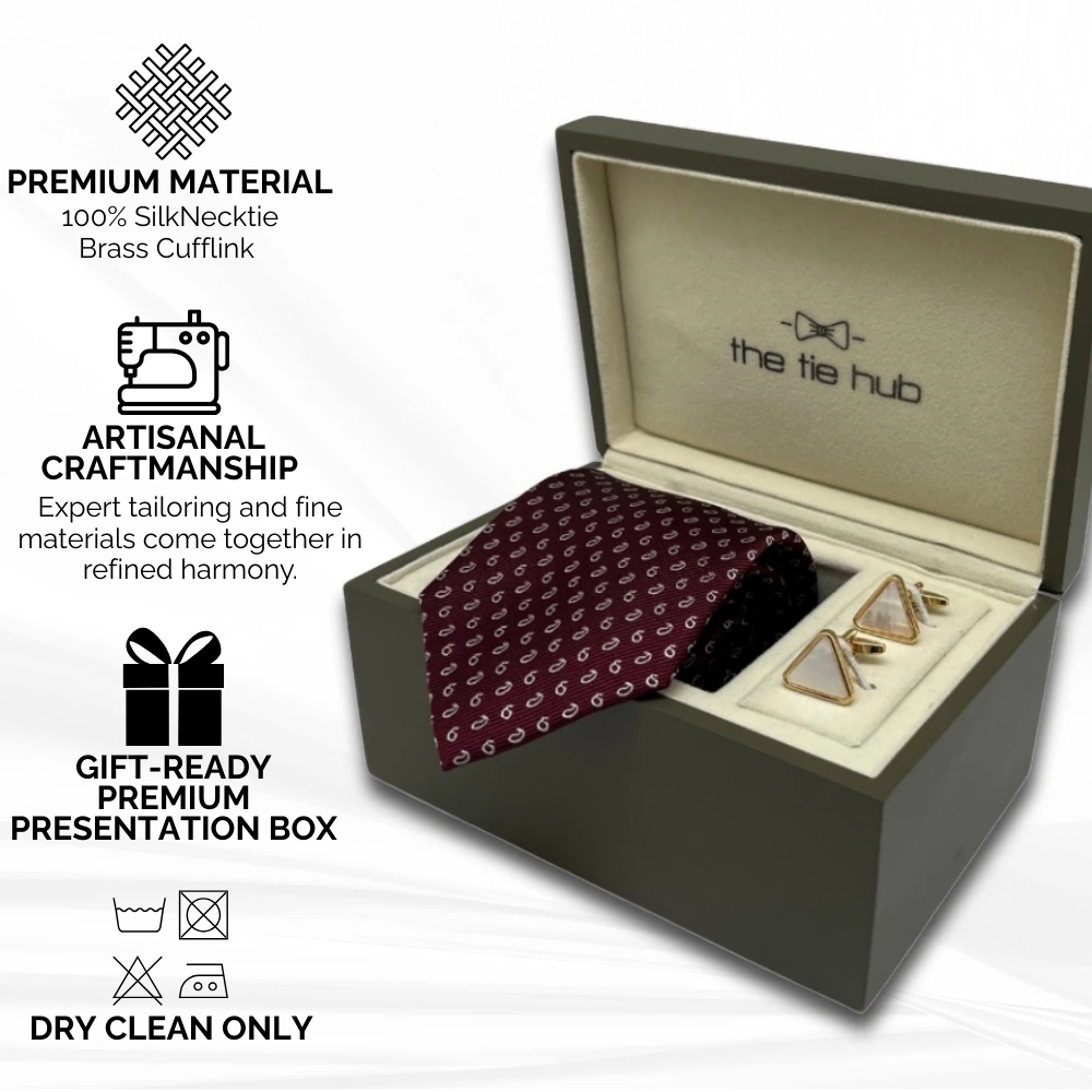 Maroon Printed Silk Necktie and Gold Mother of Pearl Cufflinks Gift Set - Elegant Accessory Collection for Men