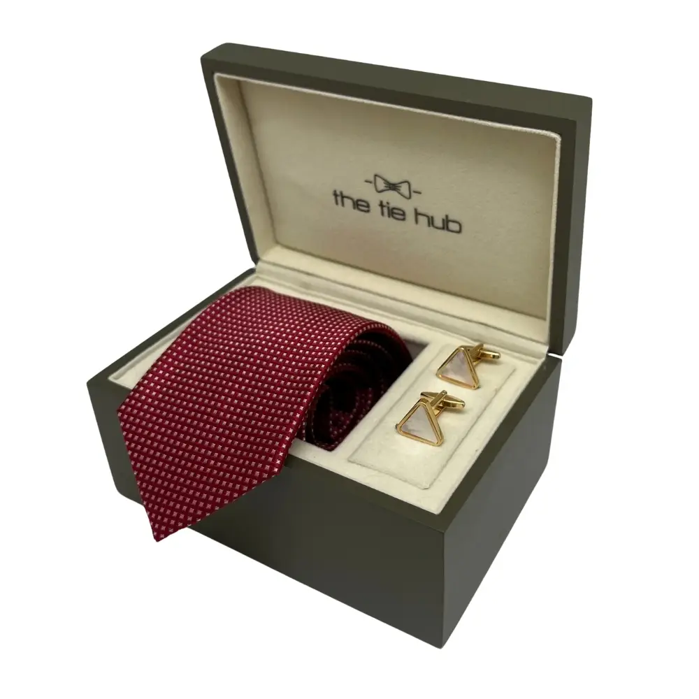 Maroon Silk Necktie and Gold Mother of Pearl Cufflinks Gift Set - Timeless Elegance Collection for Men