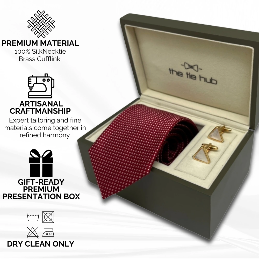 Maroon Silk Necktie and Gold Mother of Pearl Cufflinks Gift Set - Timeless Elegance Collection for Men
