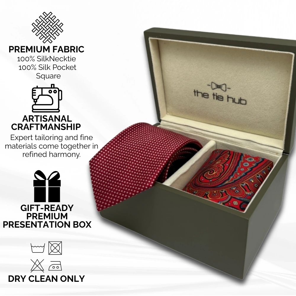 Maroon Silk Necktie and Red Paisley Pocket Square Gift Set - Classic Patterned Collection for Men