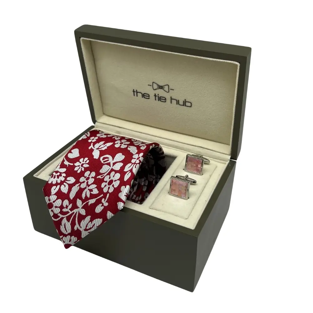 Red Floral Silk Necktie and Pink Mother of Pearl Cufflinks Gift Set - Elegant Floral Collection for Men