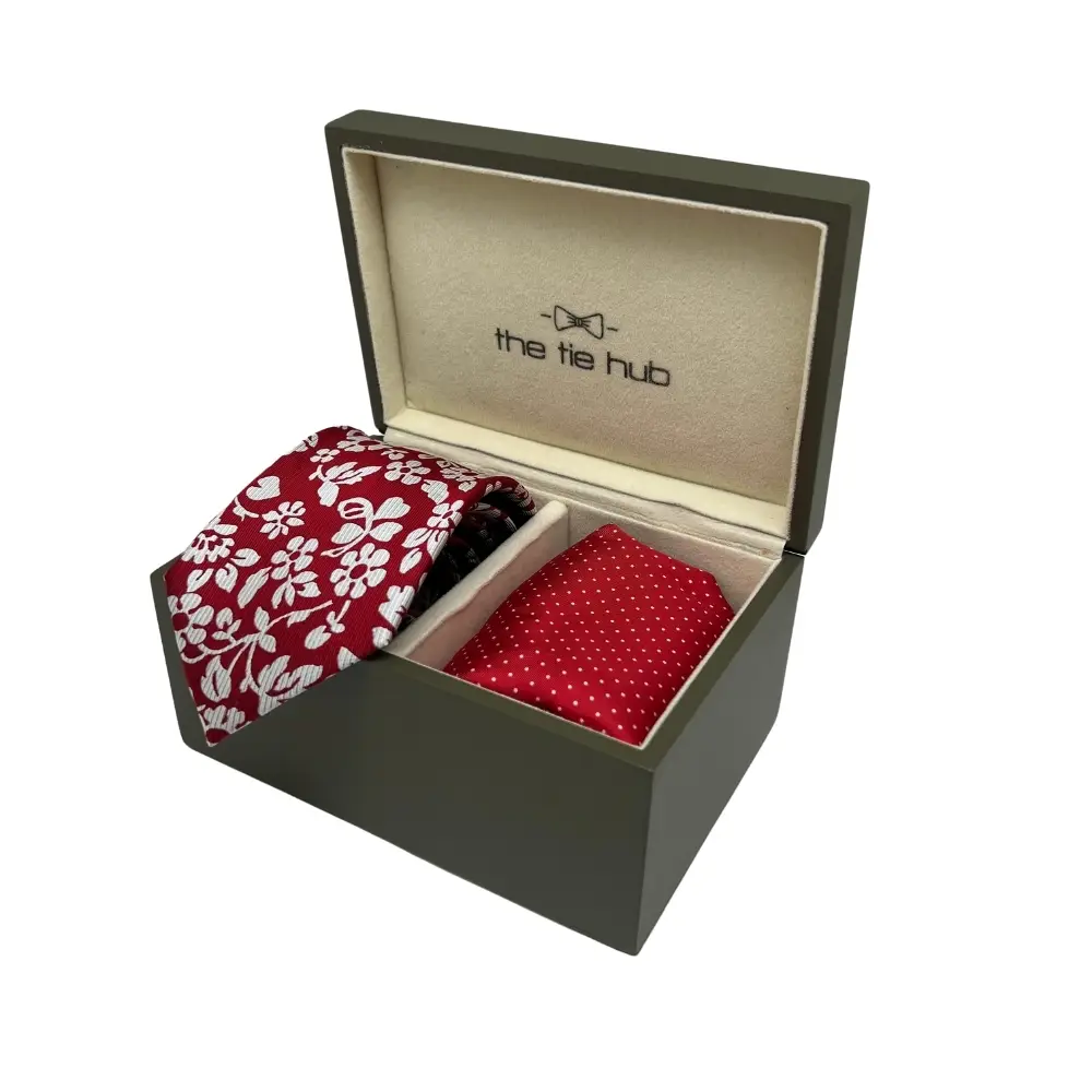 Red Floral Silk Necktie and Polka Dot Pocket Square Gift Set - Bold and Elegant Collection for Men