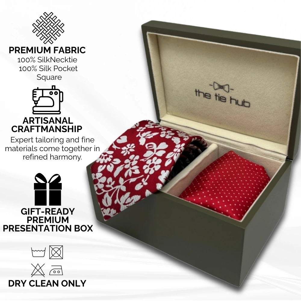Red Floral Silk Necktie and Polka Dot Pocket Square Gift Set - Bold and Elegant Collection for Men