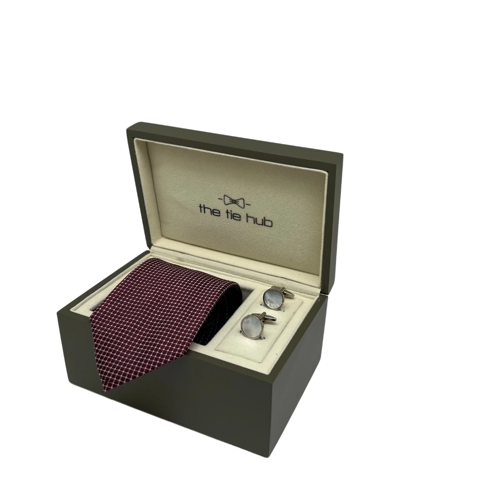 Burgundy Silk Necktie and Mother of Pearl Cufflinks Gift Set - Classic Formal Collection for Men