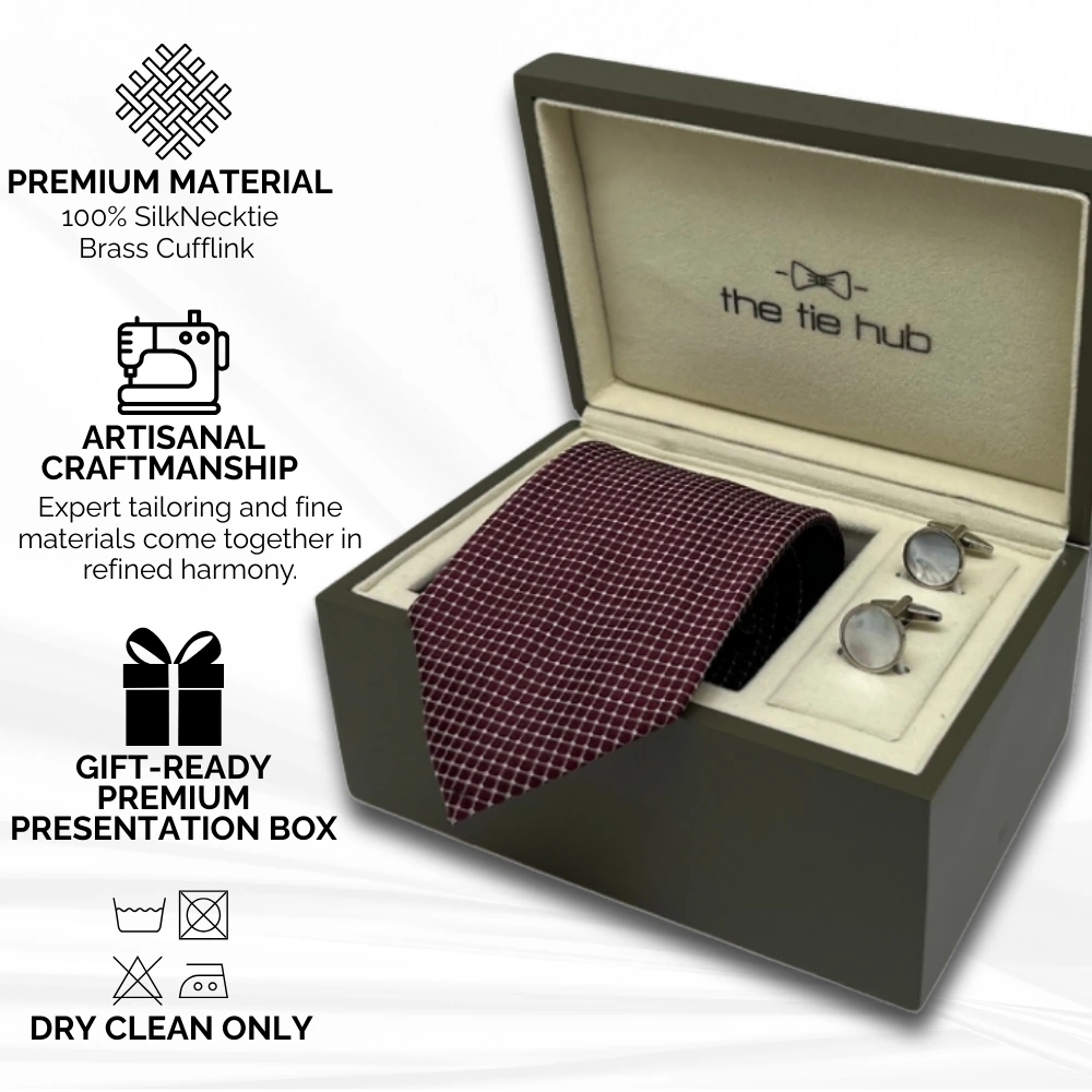Burgundy Silk Necktie and Mother of Pearl Cufflinks Gift Set - Classic Formal Collection for Men