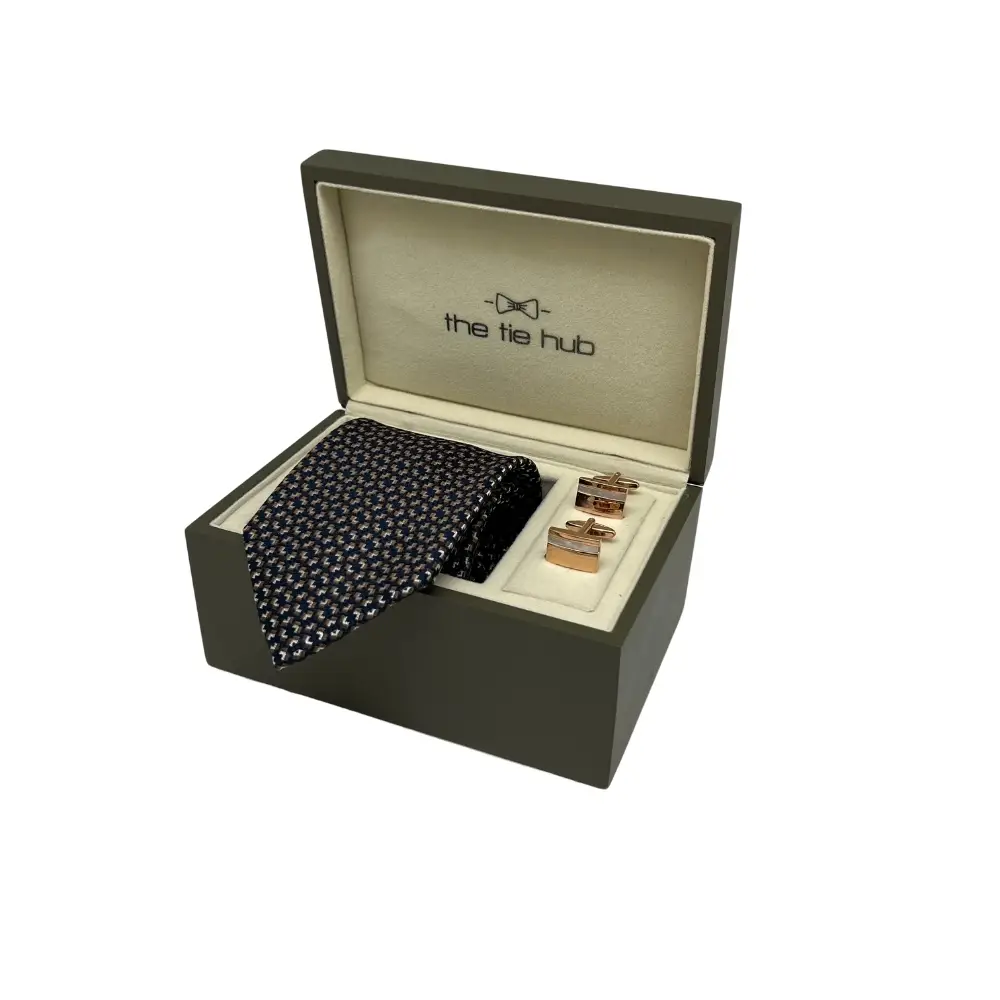 Navy Blue Silk Necktie and Rose Gold Cufflinks Gift Set - Modern Elegance Collection for Men