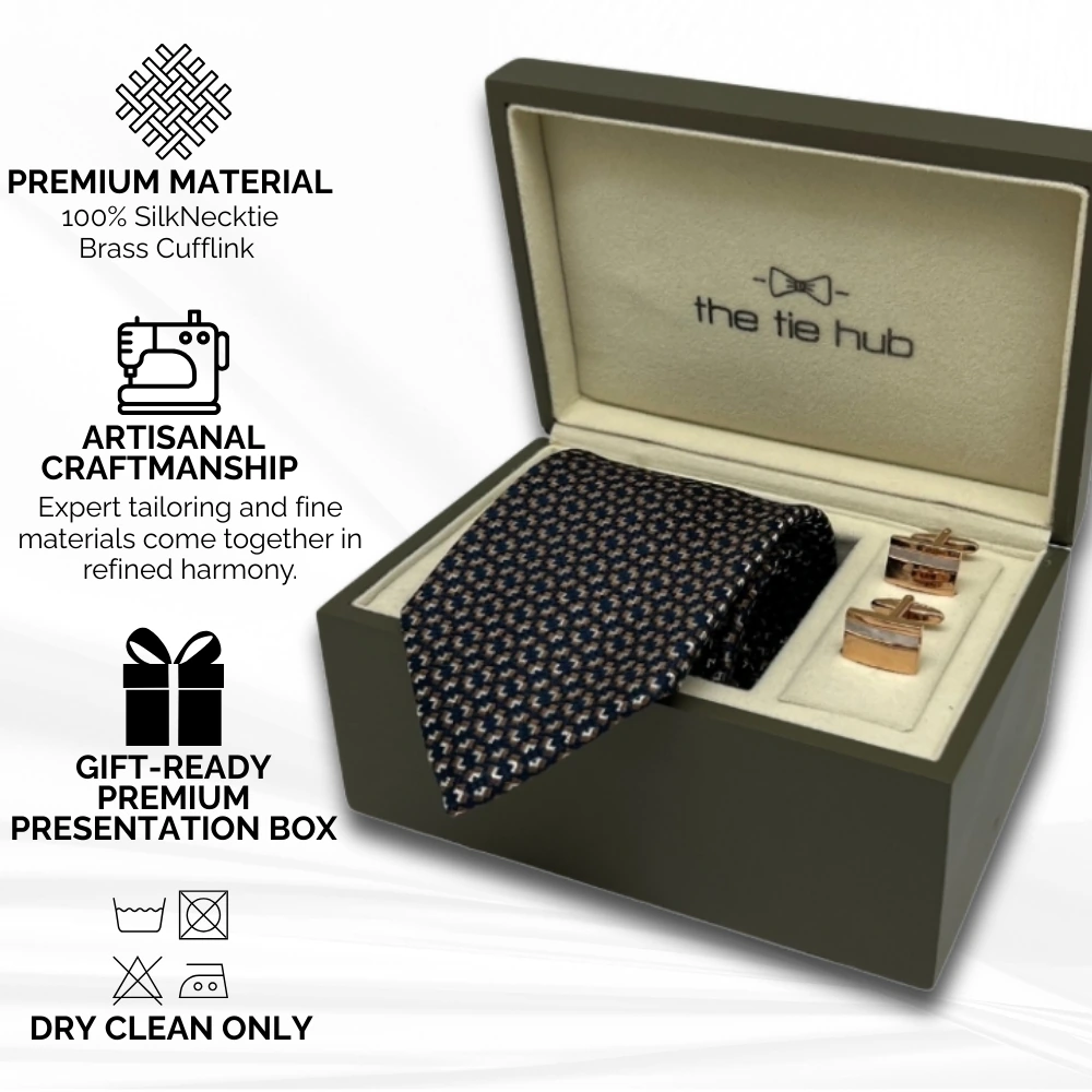 Navy Blue Silk Necktie and Rose Gold Cufflinks Gift Set - Modern Elegance Collection for Men