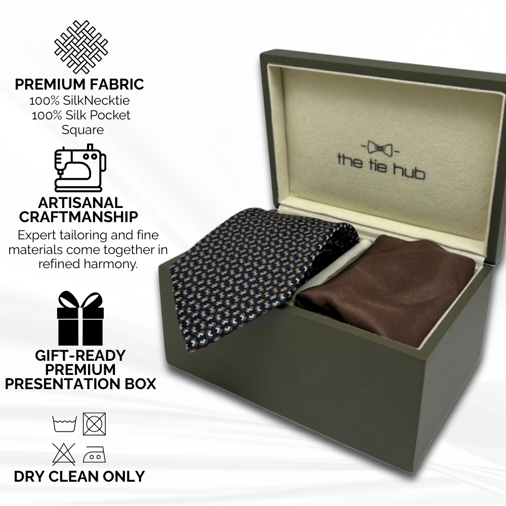 Navy Blue Silk Necktie and Brown Pocket Square Gift Set - Elegant Formal Collection for Men