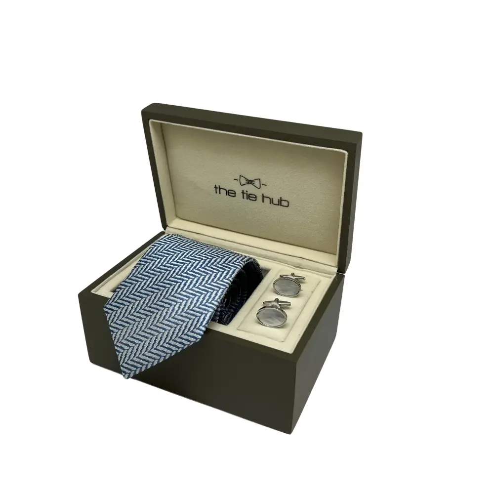 Light Blue Silk Necktie and Mother of Pearl Cufflinks Gift Set - Elegant Formal Collection for Men