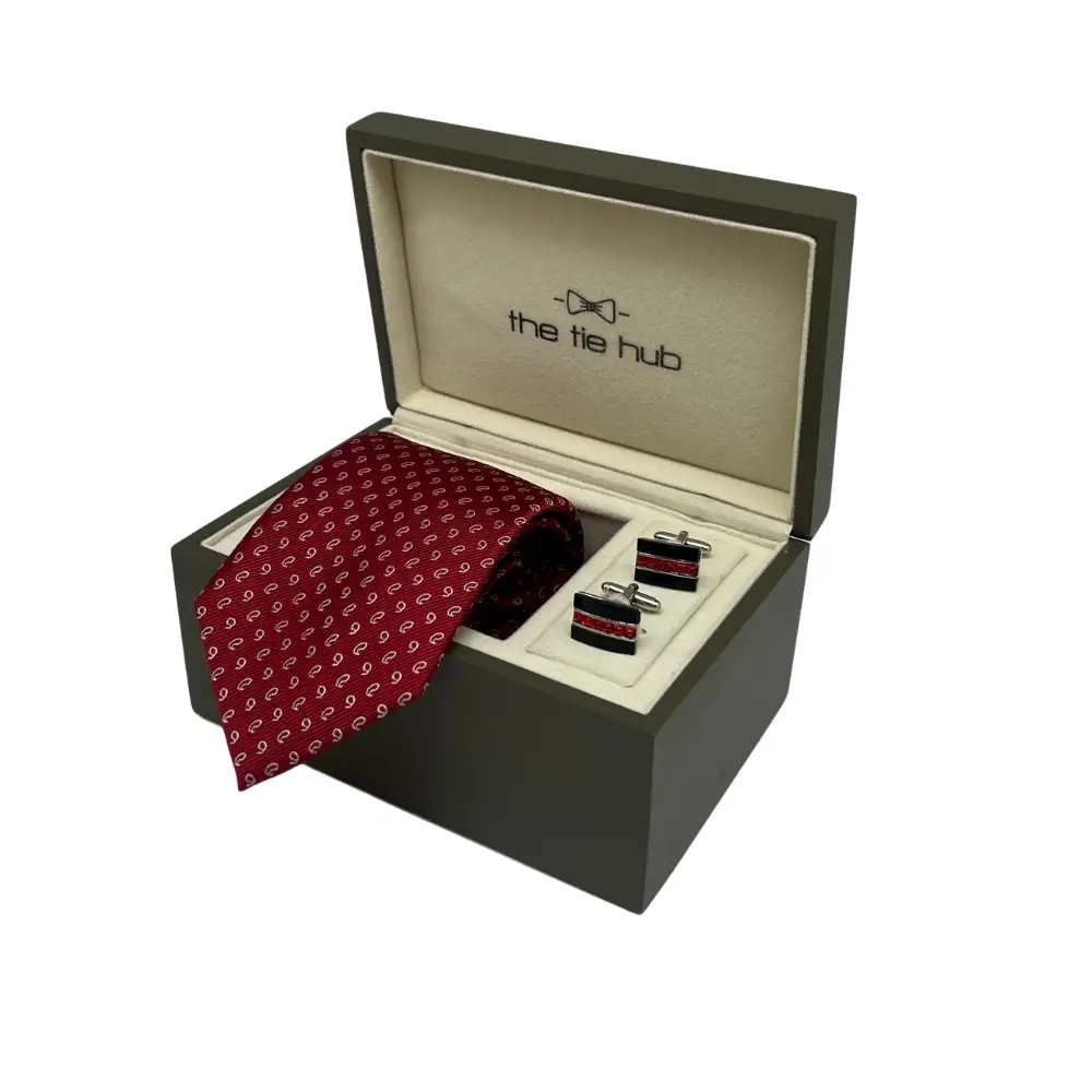 Red Silk Necktie and Brass Cufflinks Gift Set - Refined Formal Elegance for Men