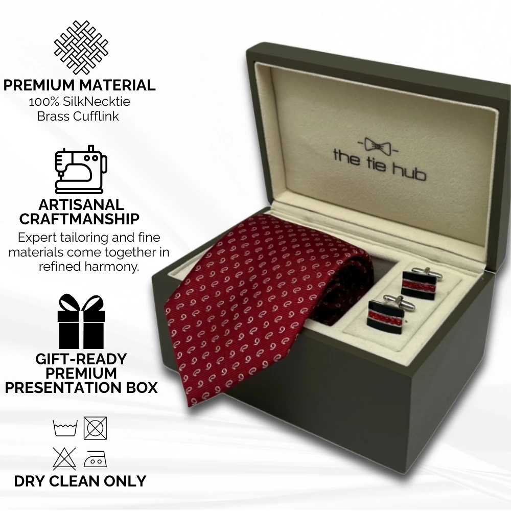 Red Silk Necktie and Brass Cufflinks Gift Set - Refined Formal Elegance for Men