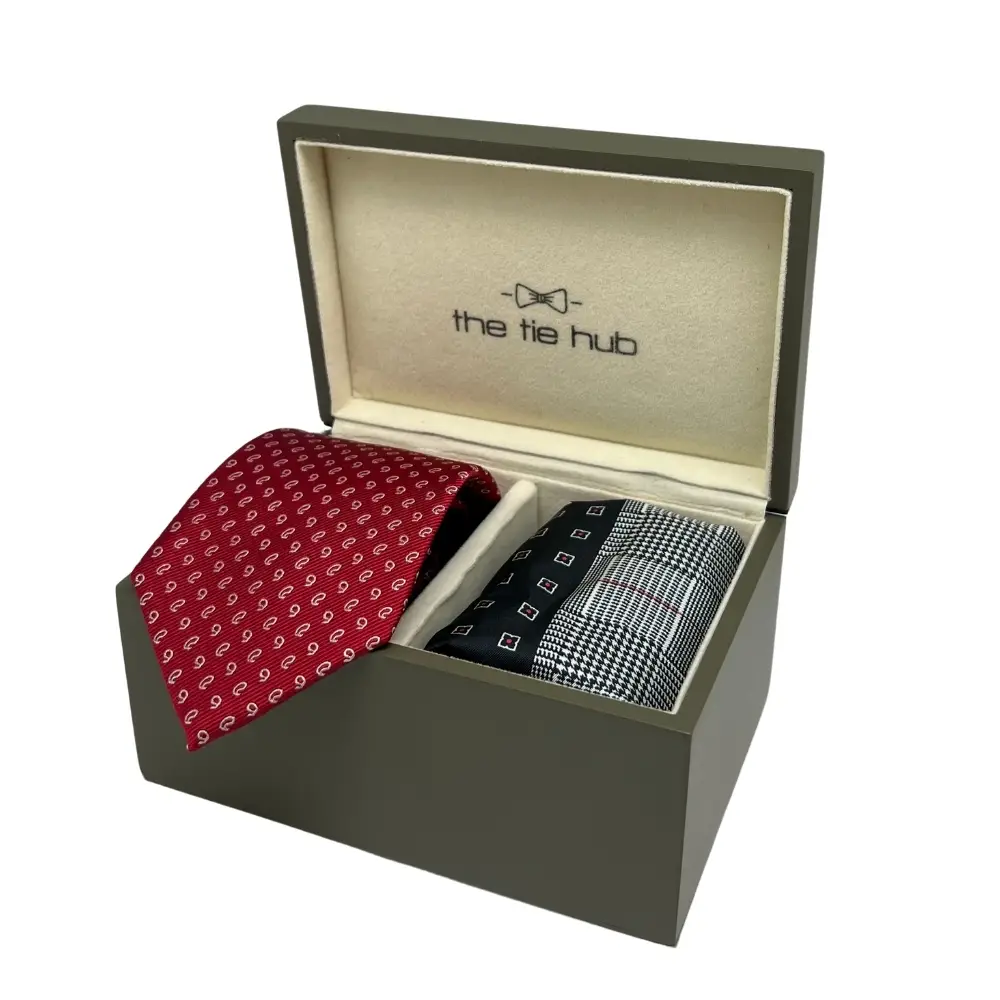 Red Silk Necktie and Red-Black Pocket Square Gift Set - Classic Formal Collection for Men
