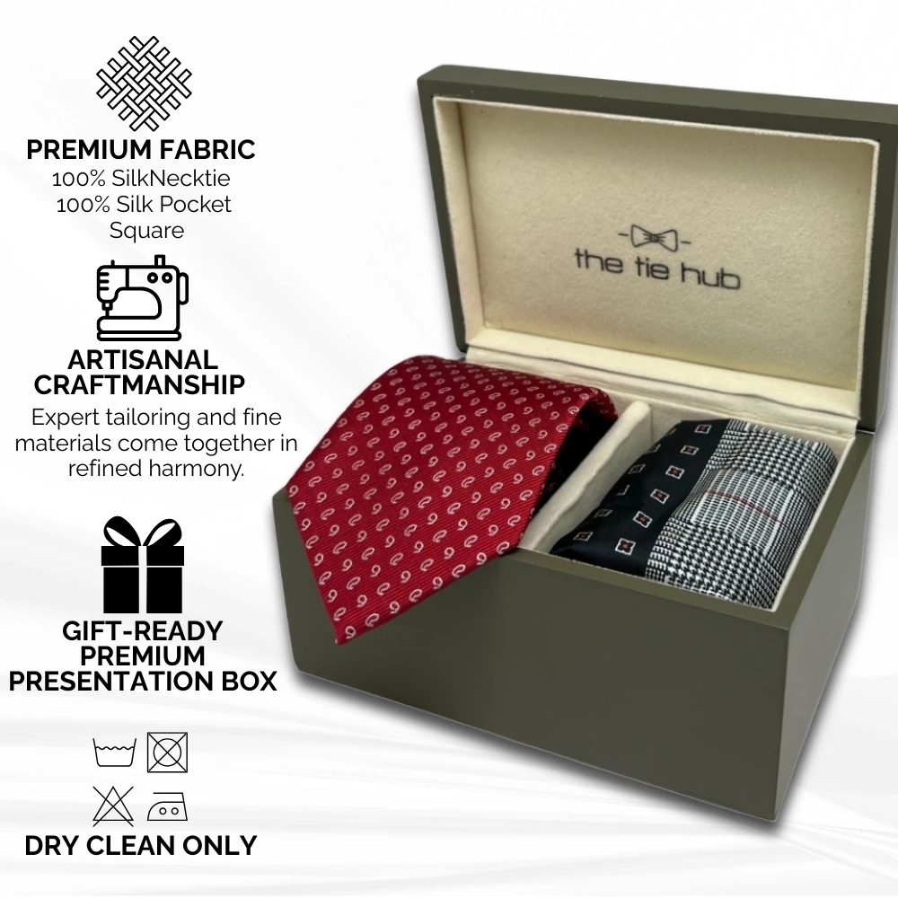 Red Silk Necktie and Red-Black Pocket Square Gift Set - Classic Formal Collection for Men