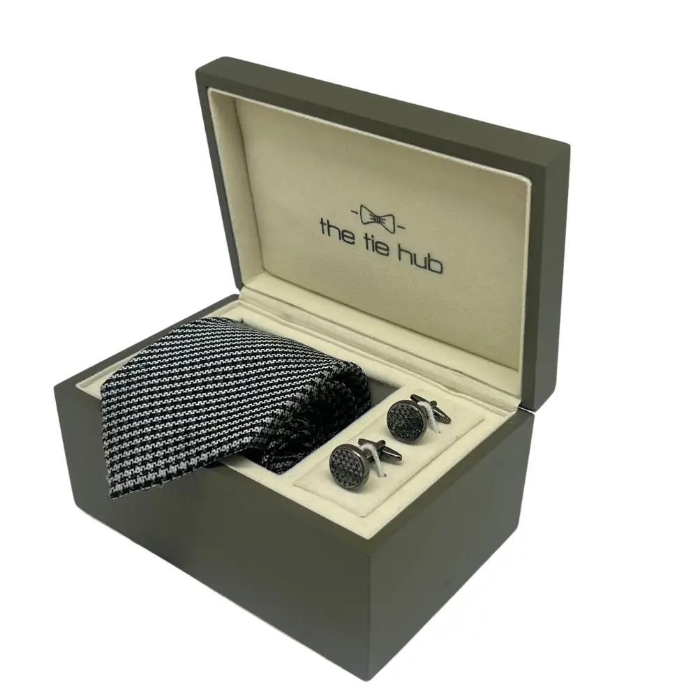 Navy Blue Silk Necktie and Gunmetal Cufflinks Gift Set - Classic Gentlemans Choice for Men