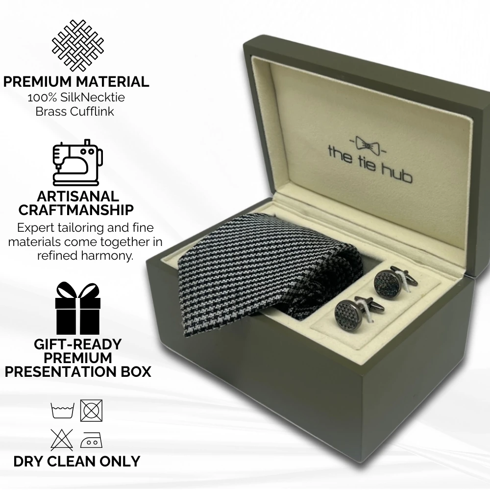 Navy Blue Silk Necktie and Gunmetal Cufflinks Gift Set - Classic Gentlemans Choice for Men