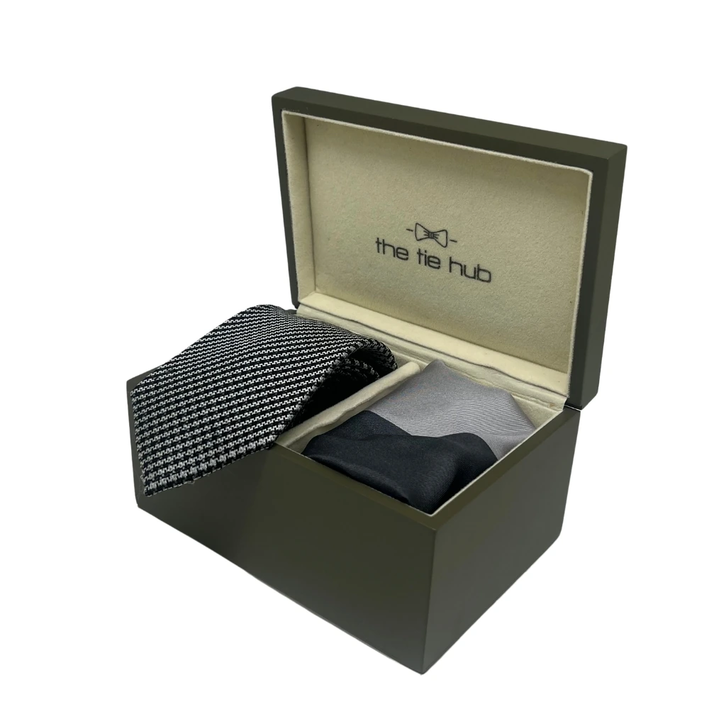 Navy Blue Silk Necktie and Black-Grey Pocket Square Gift Set - Classic Formal Ensemble for Men