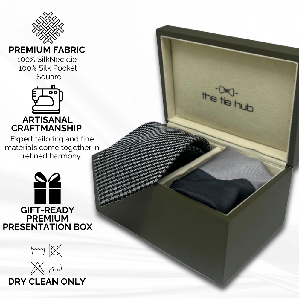 Navy Blue Silk Necktie and Black-Grey Pocket Square Gift Set - Classic Formal Ensemble for Men