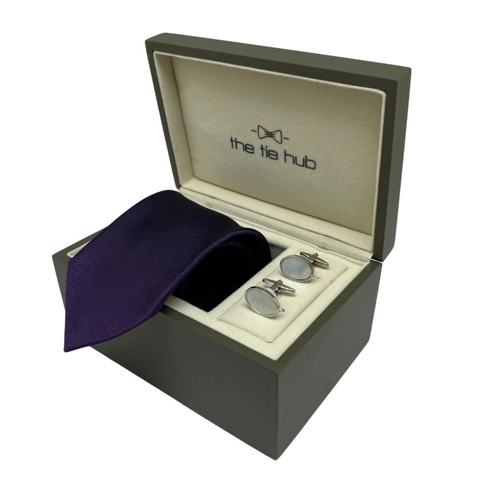 Purple Silk Necktie and Mother of Pearl Cufflinks Gift Set - Elegant Formal Collection for Men