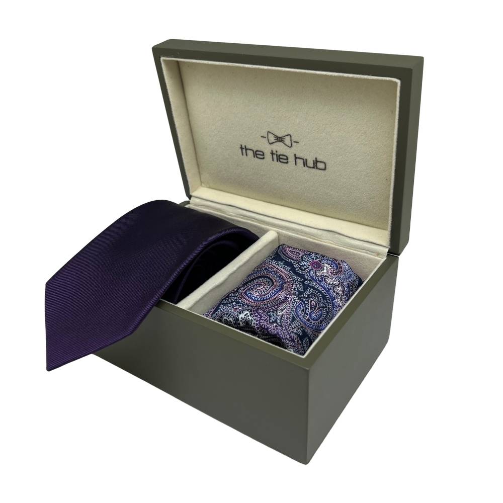 Purple Silk Necktie and Paisley Pocket Square Gift Set - Luxurious Formal Ensemble for Men