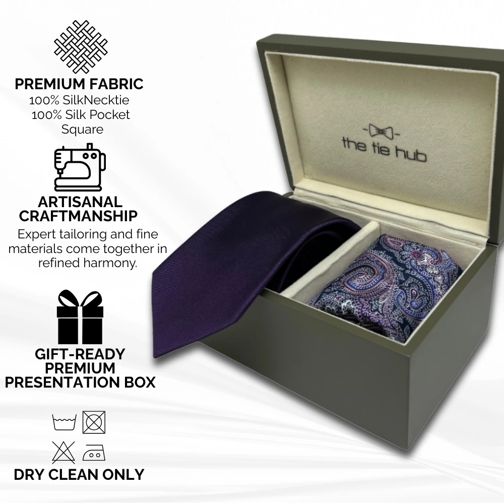 Purple Silk Necktie and Paisley Pocket Square Gift Set - Luxurious Formal Ensemble for Men