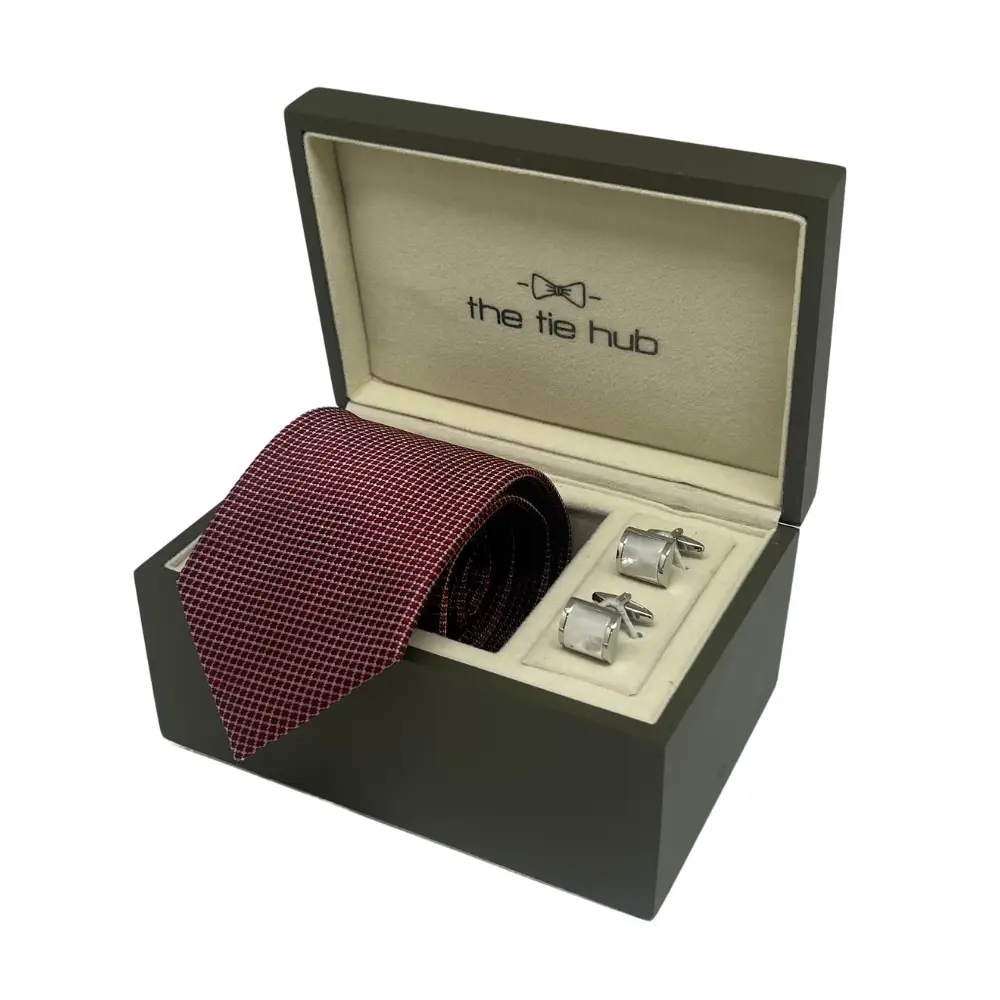 Burgundy Silk Necktie and Mother of Pearl Cufflinks Gift Set - Classic Gentleman's Collection for Men