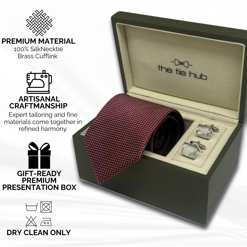 Burgundy Silk Necktie and Mother of Pearl Cufflinks Gift Set - Classic Gentleman's Collection for Men
