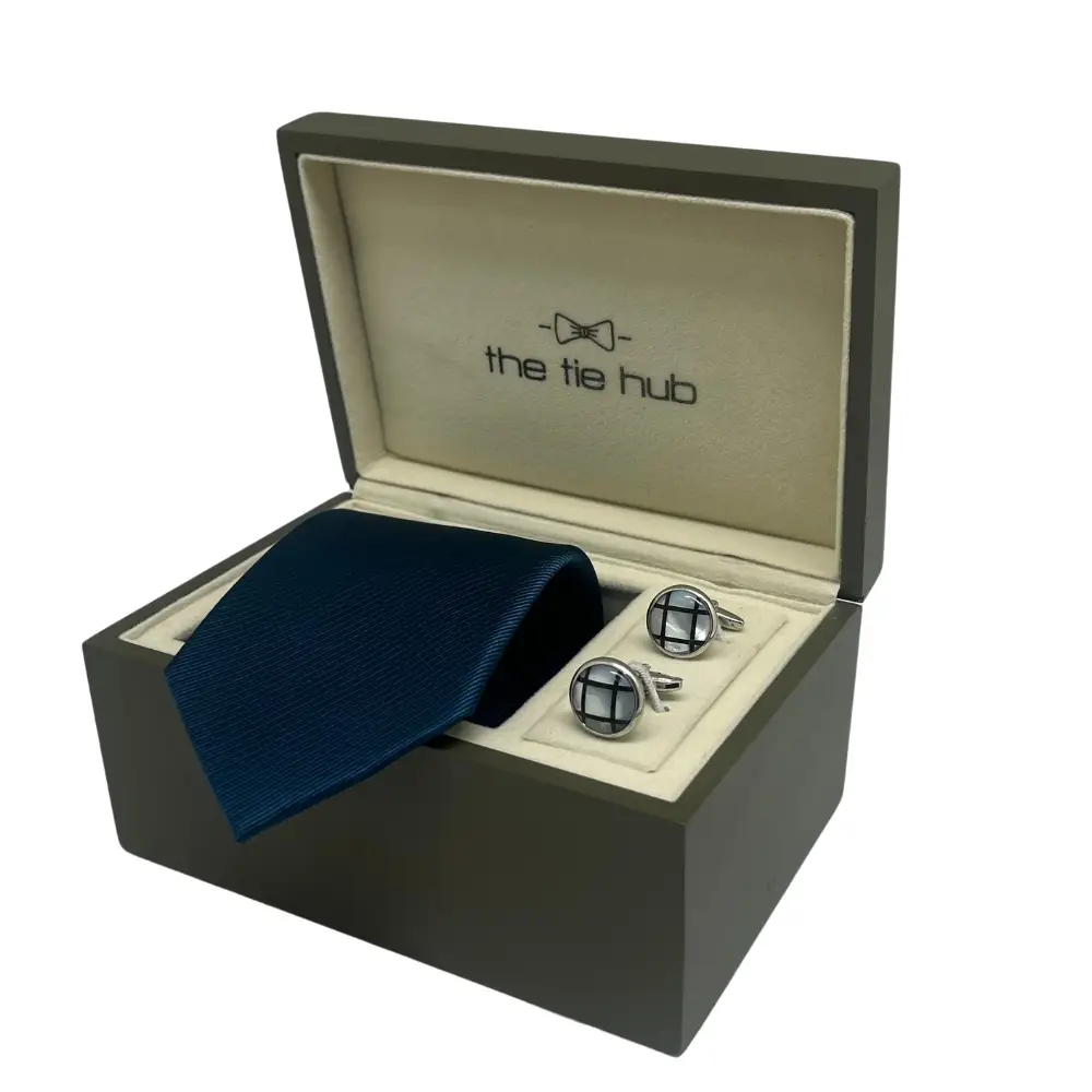 Navy Blue Silk Necktie and Mother of Pearl Cufflinks Gift Set - Elegant Formal Ensemble for Men