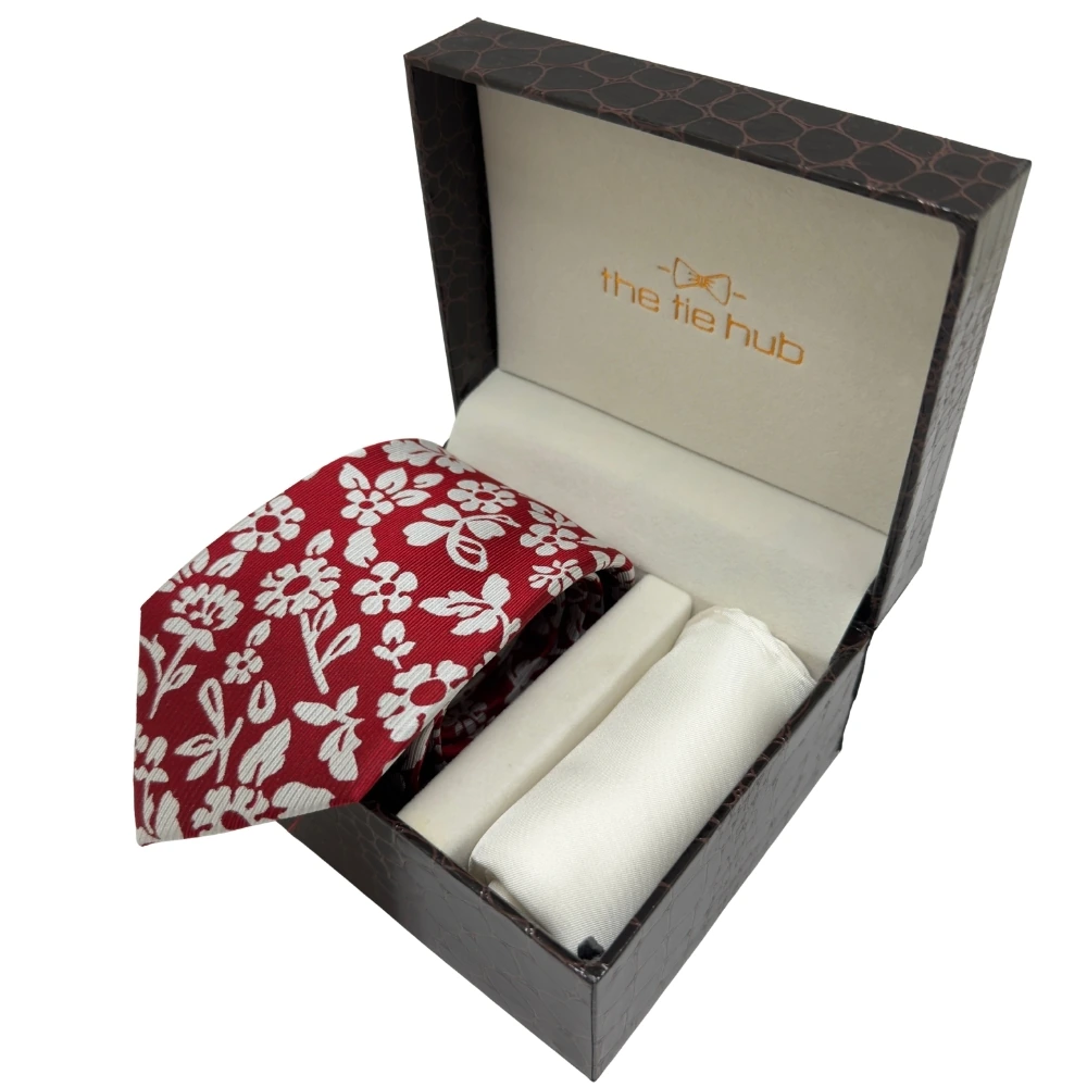 Red Floral Silk Necktie and Solid White Pocket Square Gift Set ? Elegant Formal Accessory for Men