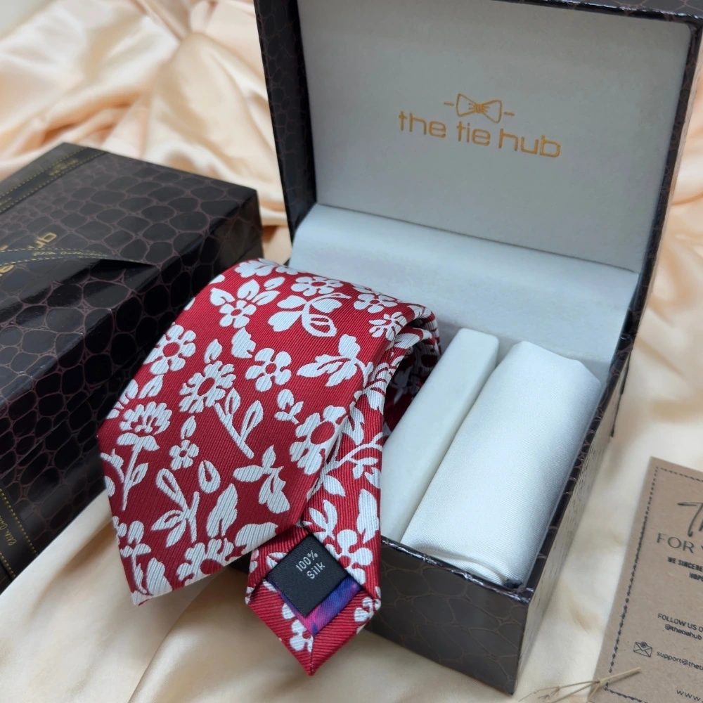 Red Floral Silk Necktie and Solid White Pocket Square Gift Set ? Elegant Formal Accessory for Men