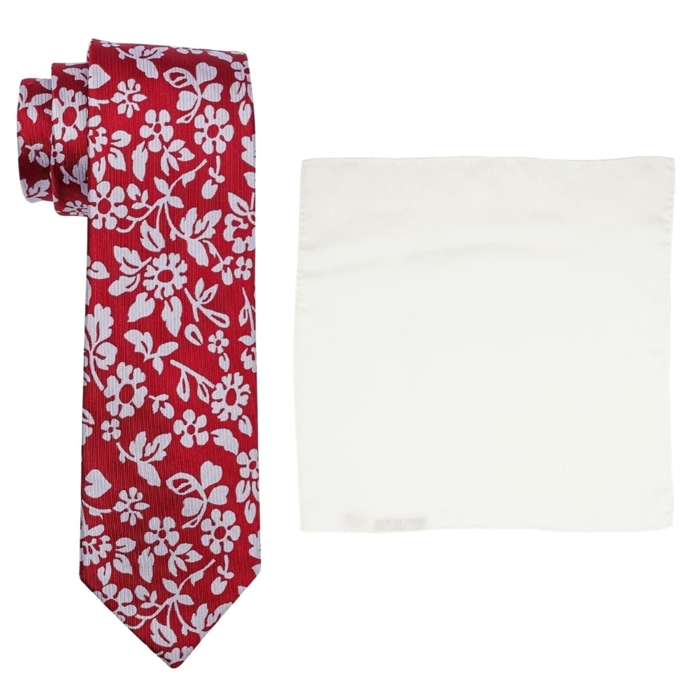 Red Floral Silk Necktie and Solid White Pocket Square Gift Set ? Elegant Formal Accessory for Men