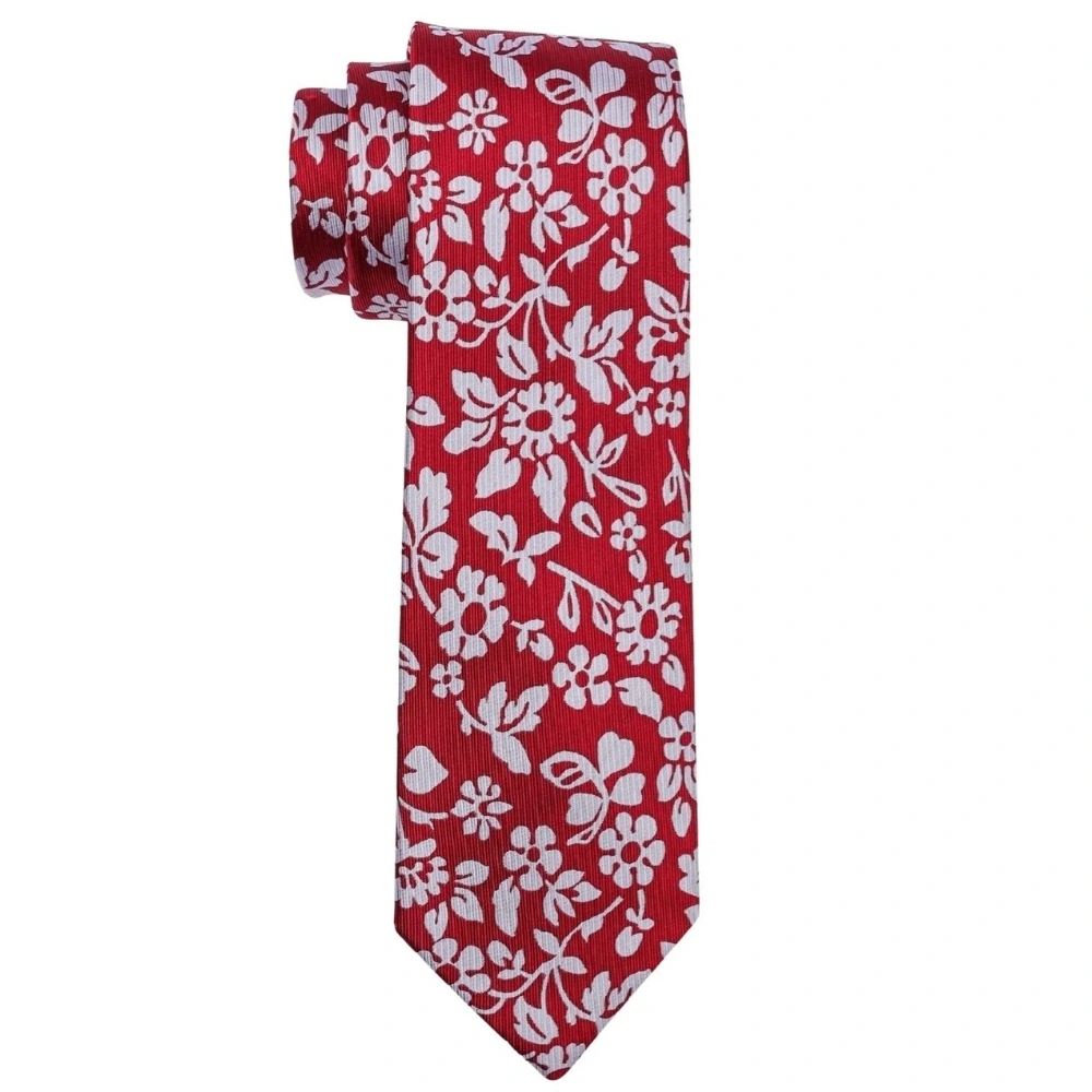 Red Floral Silk Necktie and Solid White Pocket Square Gift Set ? Elegant Formal Accessory for Men