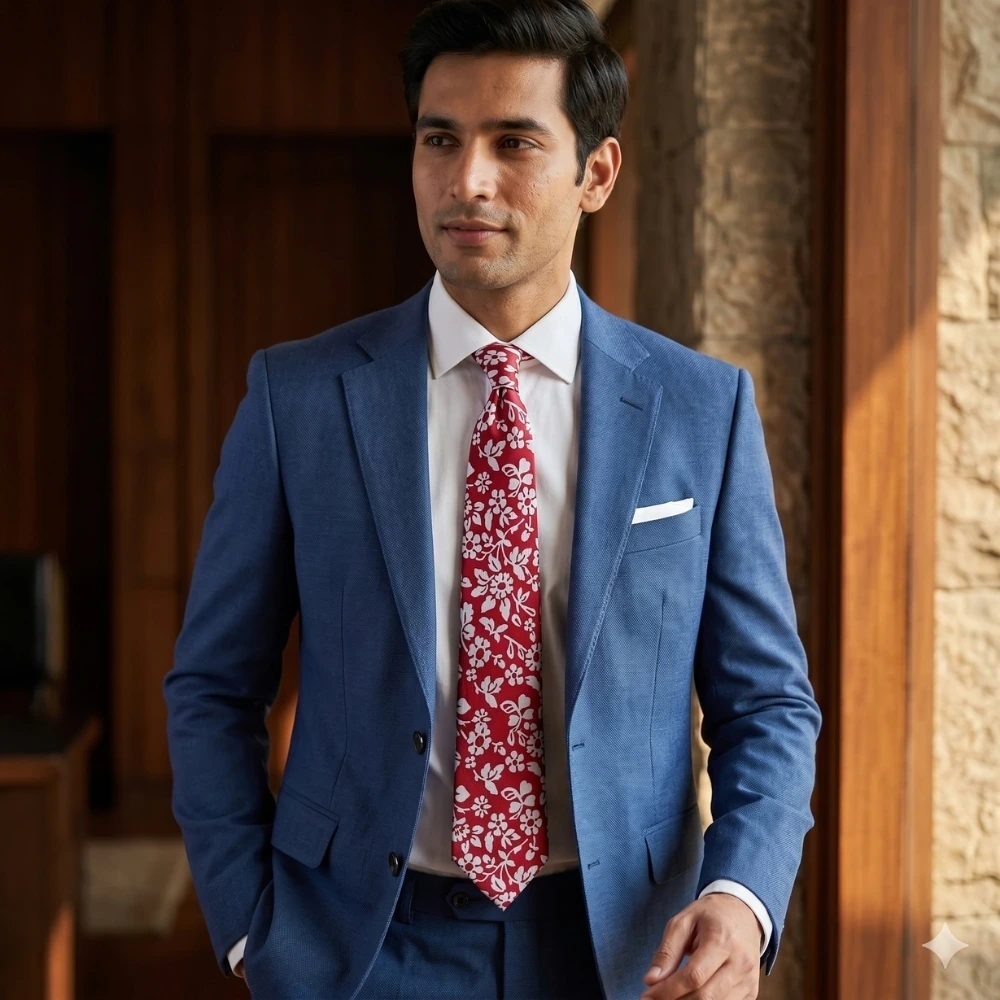 Red Floral Silk Necktie and Solid White Pocket Square Gift Set ? Elegant Formal Accessory for Men