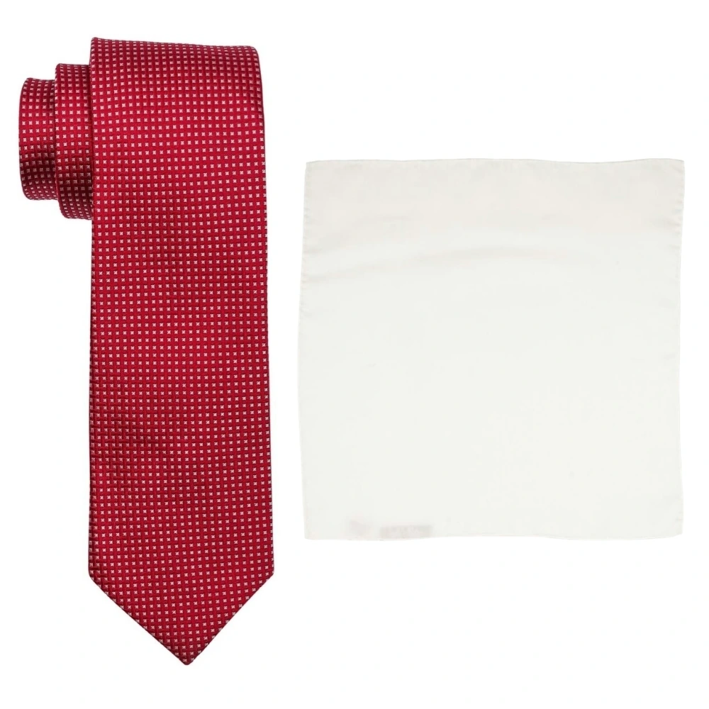 Red Micro Pattern Silk Necktie and Solid White Pocket Square Gift Set ? Elegant Formal Accessory for Men