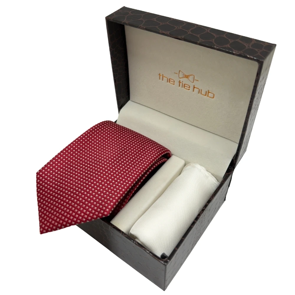 Red Micro Pattern Silk Necktie and Solid White Pocket Square Gift Set ? Elegant Formal Accessory for Men