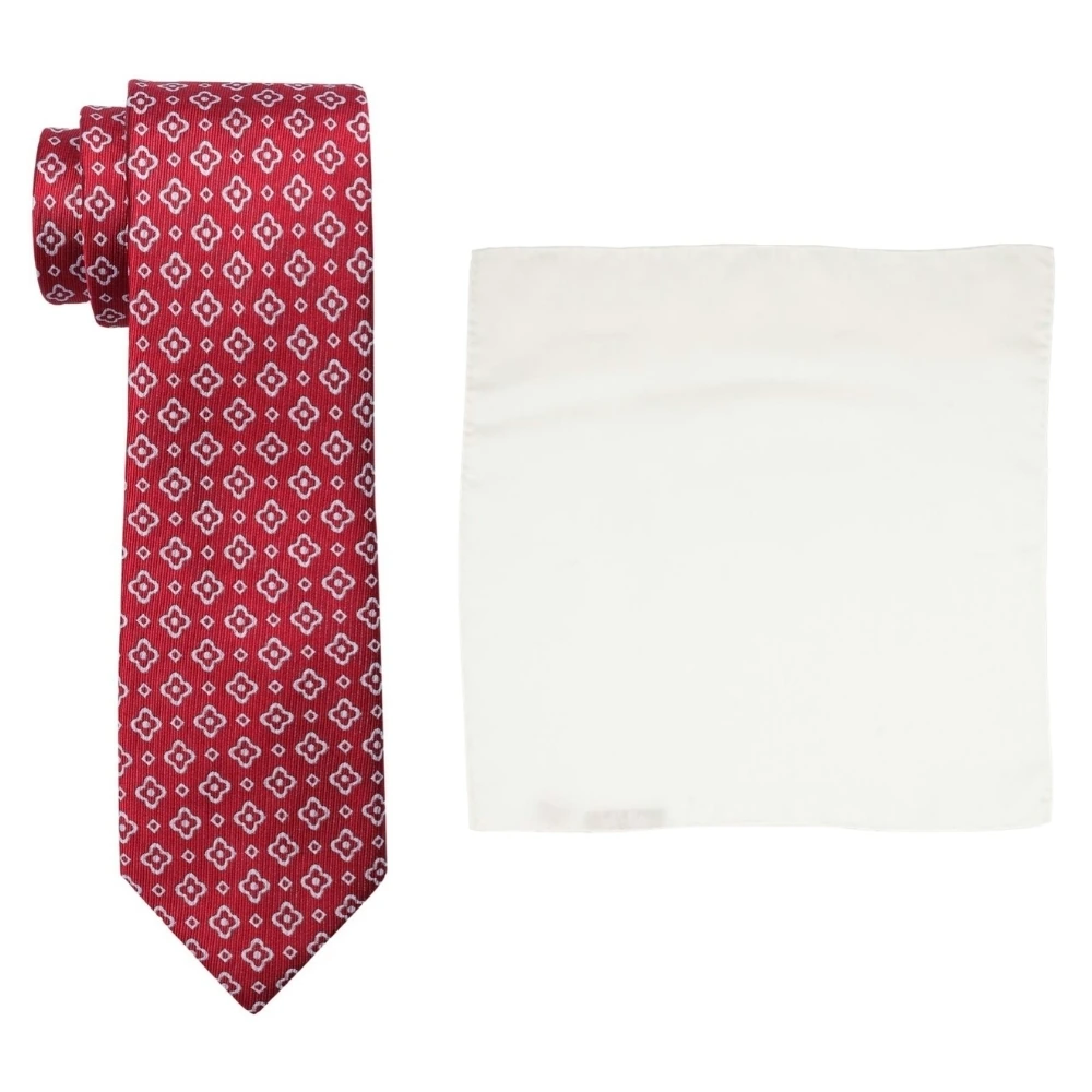 Red Geometric Silk Necktie and Solid White Pocket Square Gift Set ? Stylish Formal Accessory for Men