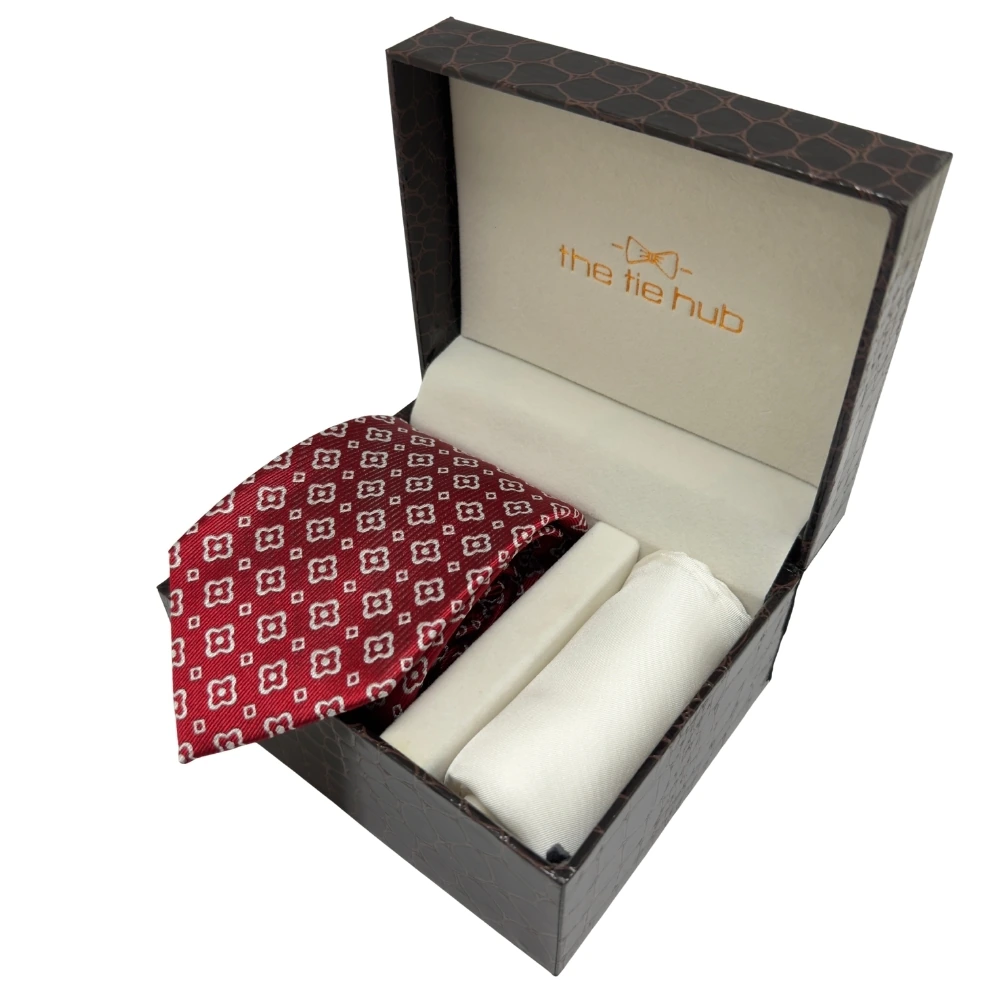 Red Geometric Silk Necktie and Solid White Pocket Square Gift Set ? Stylish Formal Accessory for Men