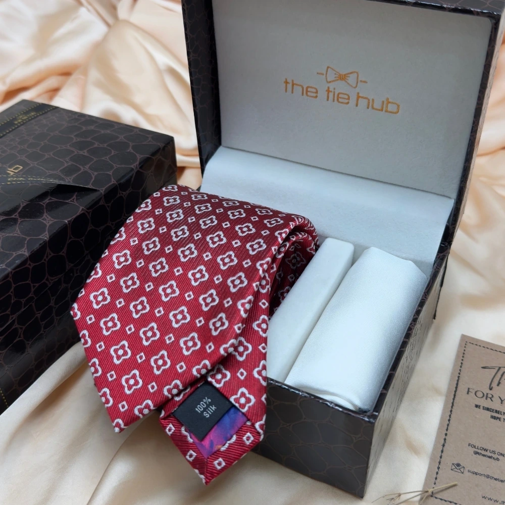 Red Geometric Silk Necktie and Solid White Pocket Square Gift Set ? Stylish Formal Accessory for Men