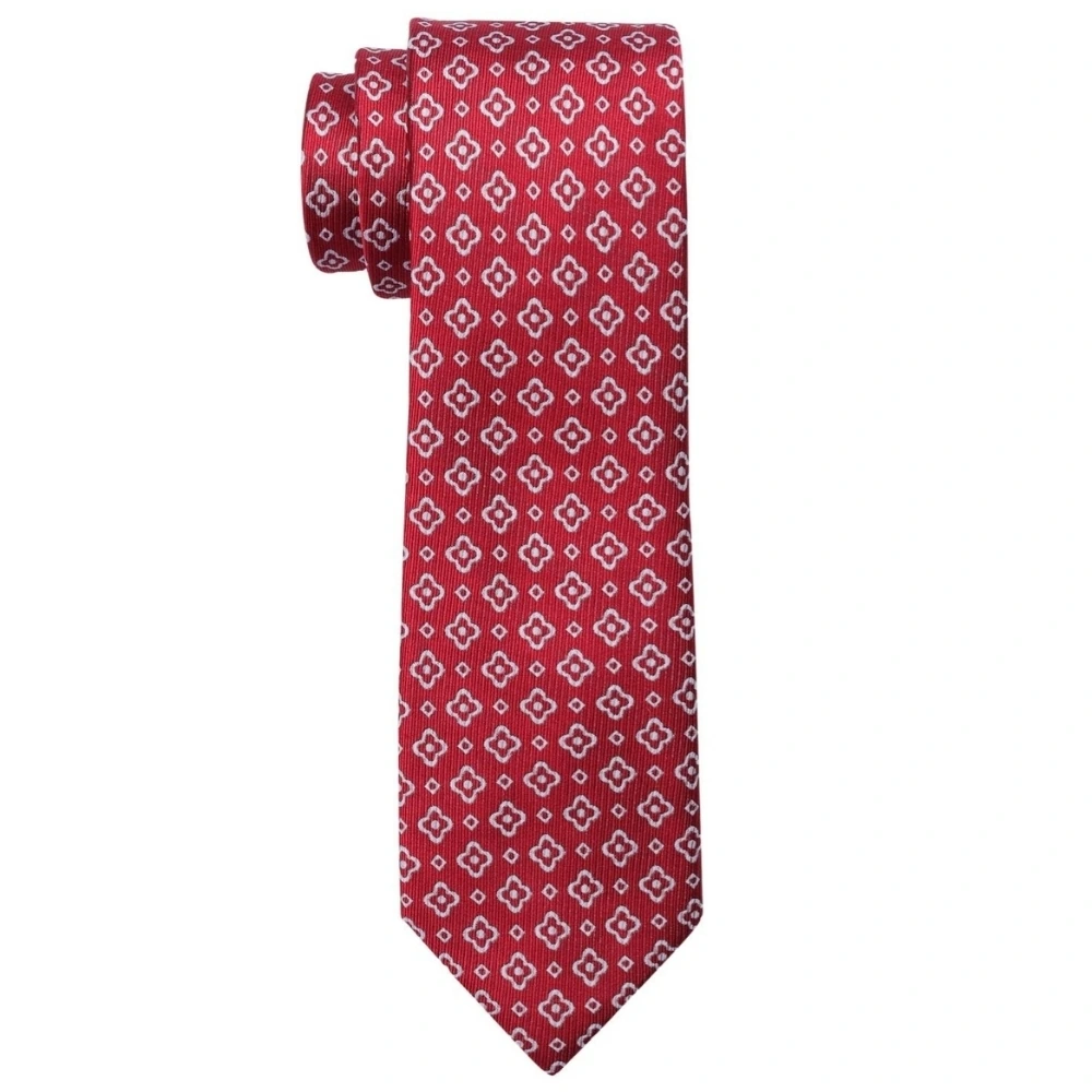 Red Geometric Silk Necktie and Solid White Pocket Square Gift Set ? Stylish Formal Accessory for Men