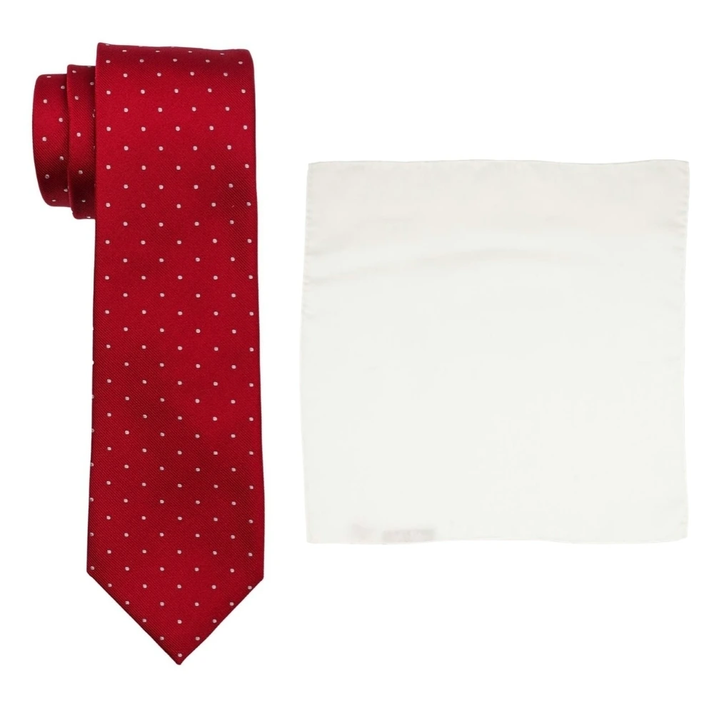 Red Polka Dot Silk Necktie and Solid White Pocket Square Gift Set ? Elegant Formal Accessory for Men