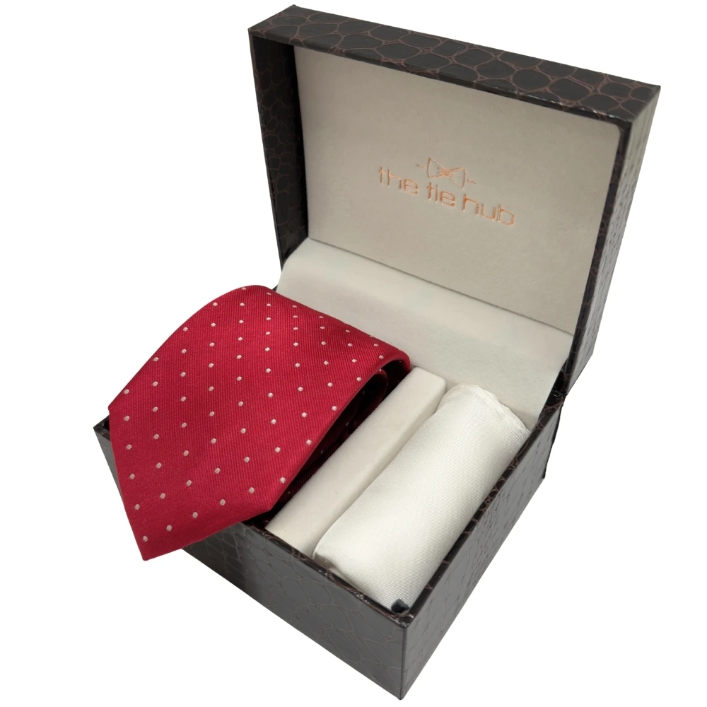 Red Polka Dot Silk Necktie and Solid White Pocket Square Gift Set ? Elegant Formal Accessory for Men