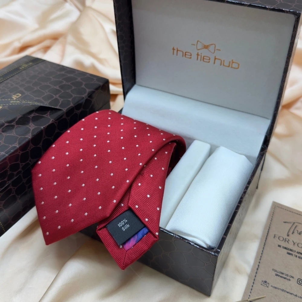 Red Polka Dot Silk Necktie and Solid White Pocket Square Gift Set ? Elegant Formal Accessory for Men