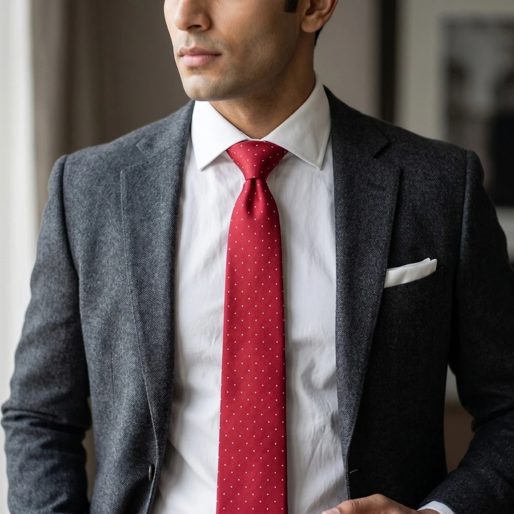 Red Polka Dot Silk Necktie and Solid White Pocket Square Gift Set ? Elegant Formal Accessory for Men