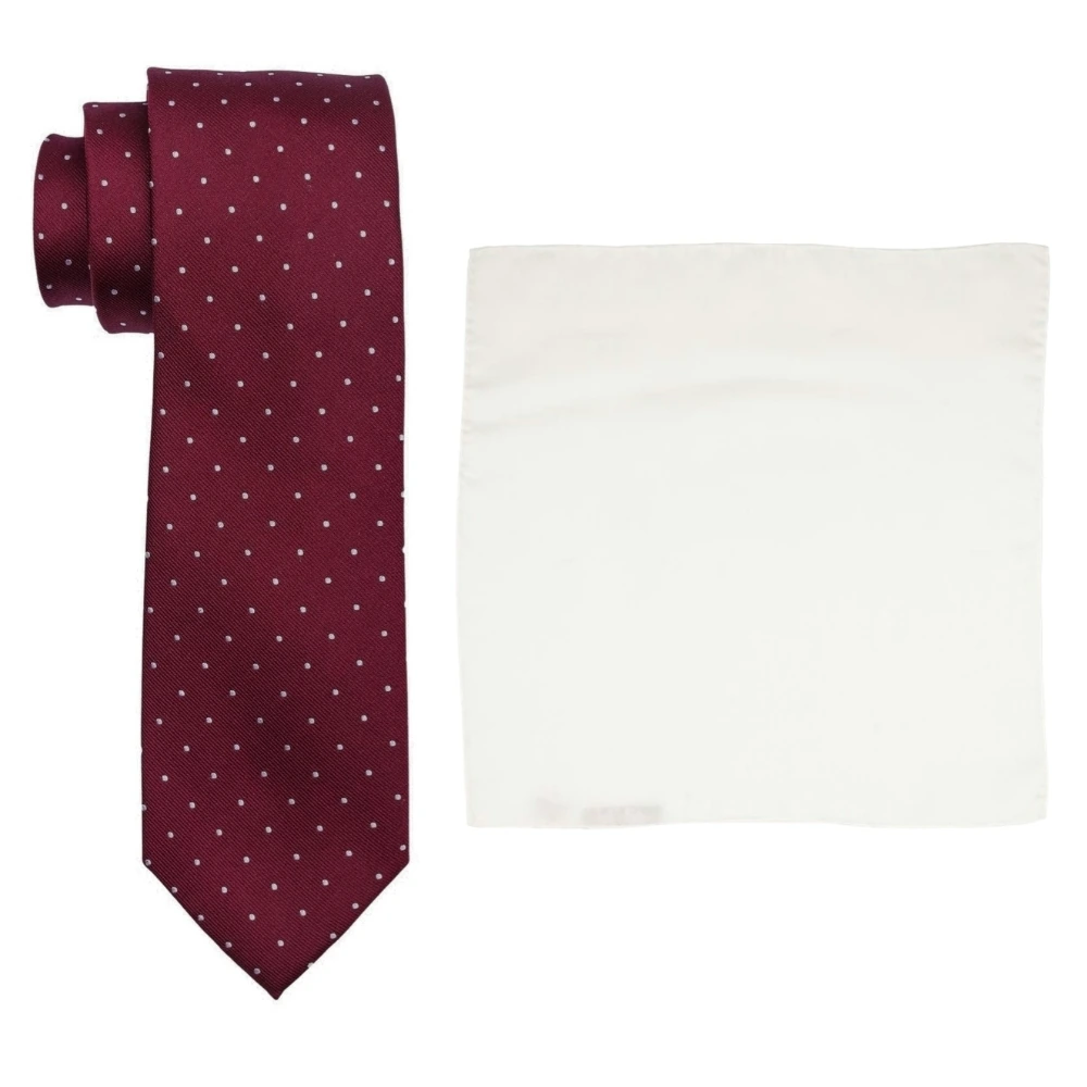 Maroon Polka Dot Silk Necktie and Solid White Pocket Square Gift Set ? Elegant Formal Accessory for Men