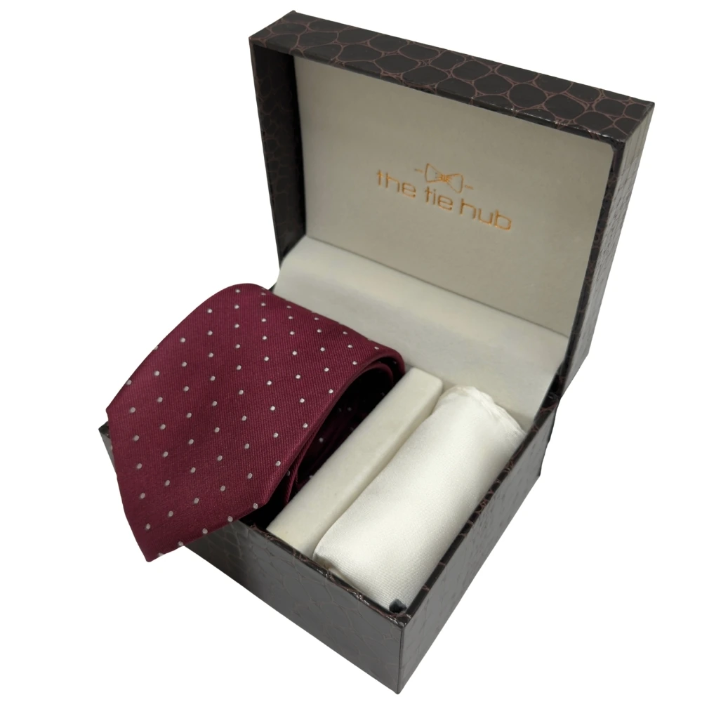 Maroon Polka Dot Silk Necktie and Solid White Pocket Square Gift Set ? Elegant Formal Accessory for Men