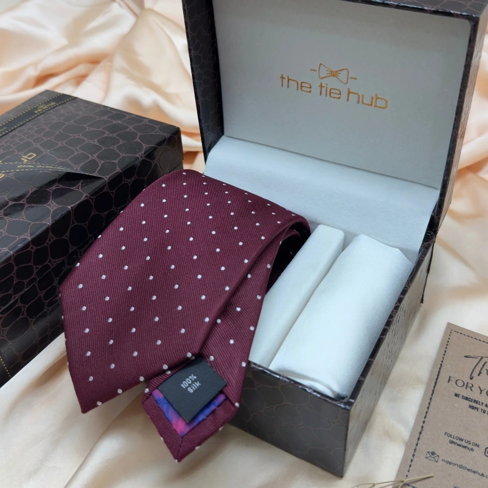 Maroon Polka Dot Silk Necktie and Solid White Pocket Square Gift Set ? Elegant Formal Accessory for Men