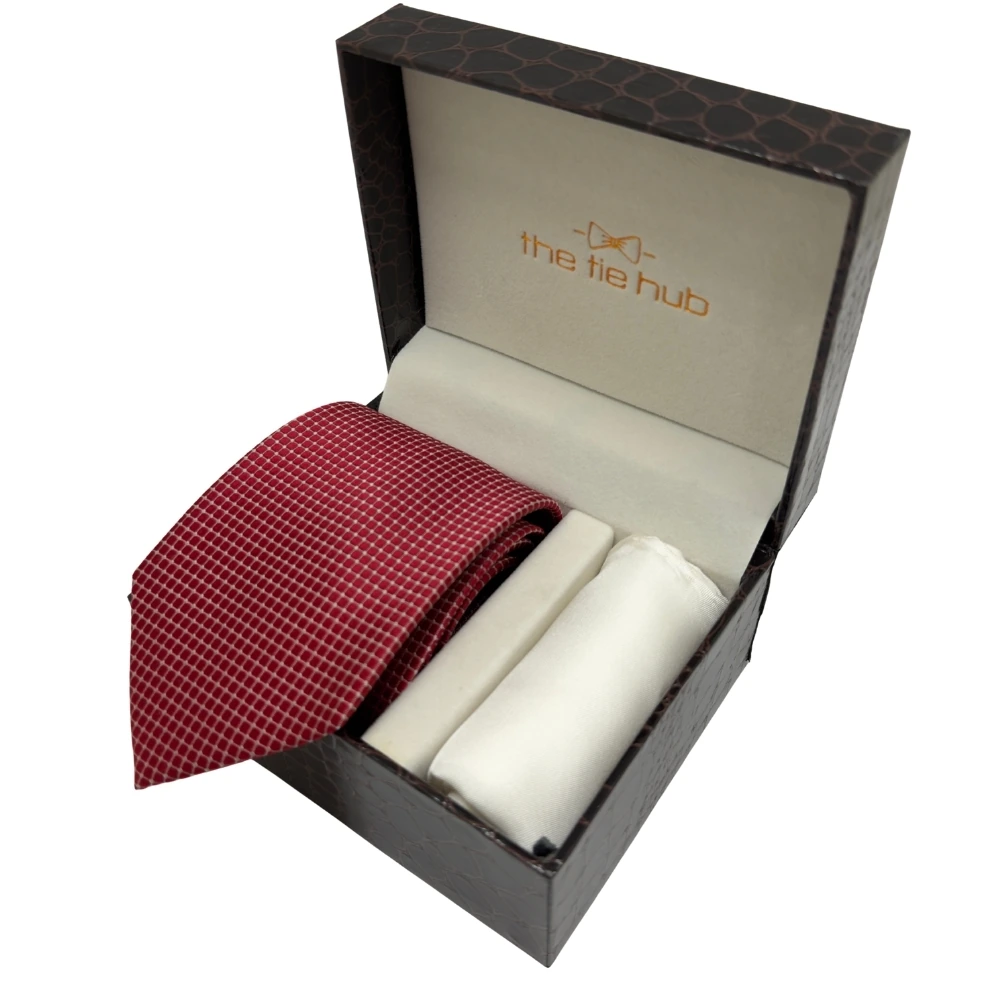 Red Grid Pattern Silk Necktie and Solid White Pocket Square Gift Set ? Elegant Formal Accessory for Men