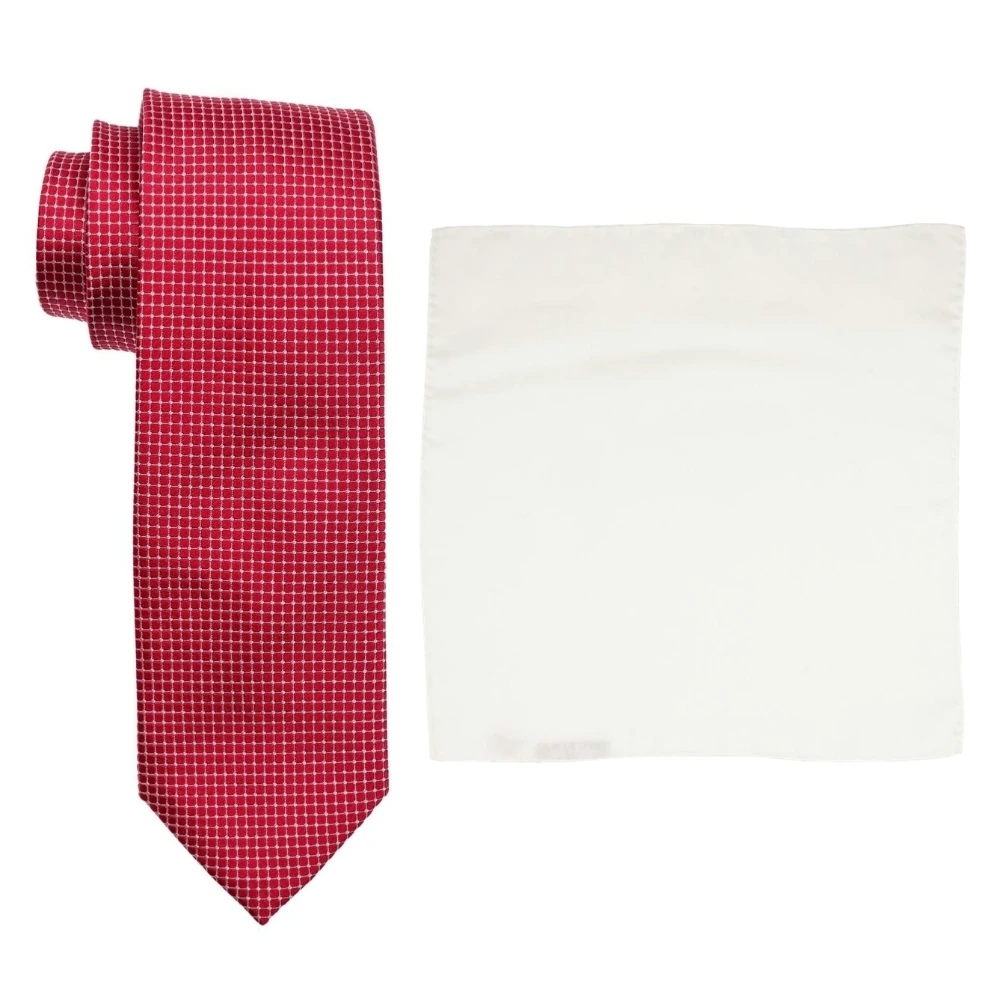 Red Grid Pattern Silk Necktie and Solid White Pocket Square Gift Set ? Elegant Formal Accessory for Men