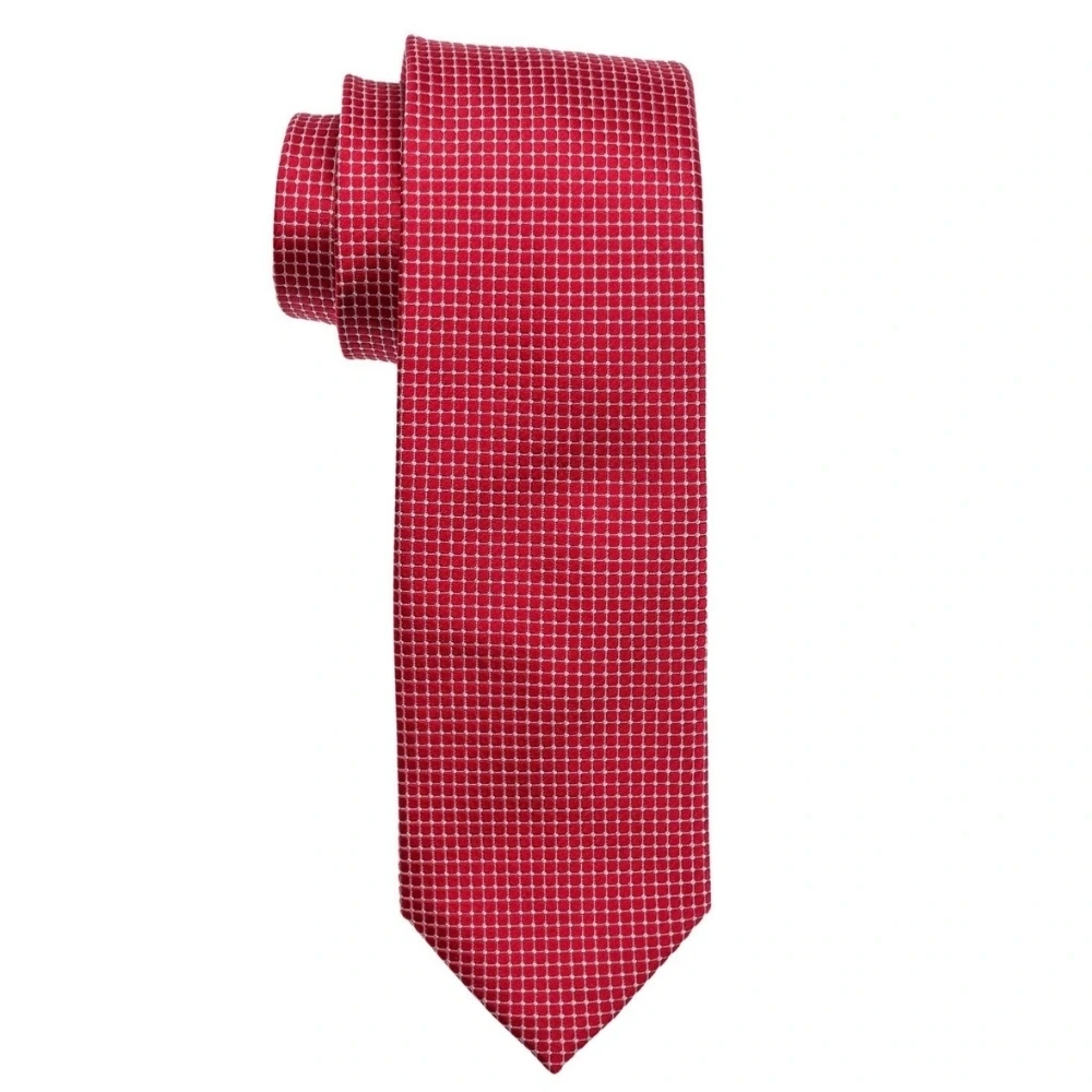 Red Grid Pattern Silk Necktie and Solid White Pocket Square Gift Set ? Elegant Formal Accessory for Men